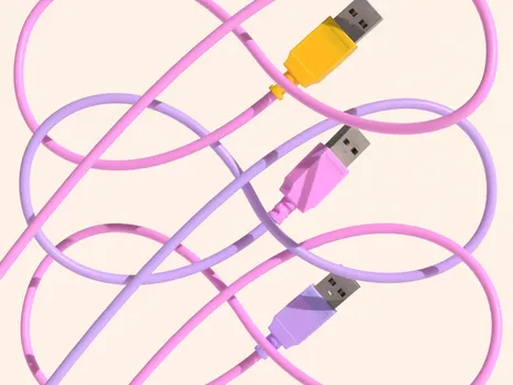 Three cable wires in pink, lavender and orange connected with one another