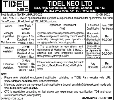 TIDEL Park neo Recruitment 2025