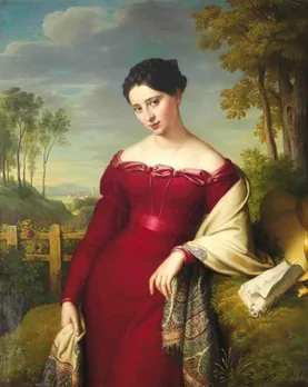 TKC_Eduard-Friedrich-Leybold-1798-1879-Portrait-of-a-Young-Lady-in-a-red-Dress-with-a-Paisley-1824-813x1024-1-768x967