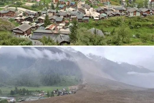 Aerial view of glacier collapse and landslide debris covering Blatten village in Switzerland