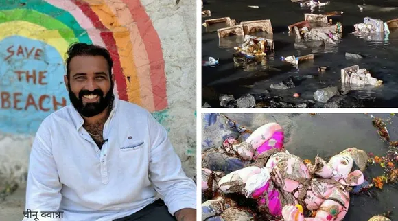 गणेश विसर्जन के बाद टूटी हुई मूर्तियों को इकट्ठा कर विसर्जित कर रहें हैं मुंबई के चीनू क्वात्रा