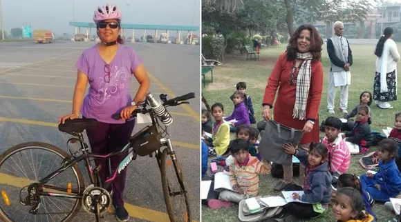 साइकिल पर जाकर कपड़े के थैले बाँट रही यह महिला, छेड़ी प्लास्टिक-मुक्त शहर की मुहिम!