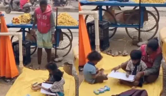 Fruit Seller Teaches Children Managing Roadside Stall