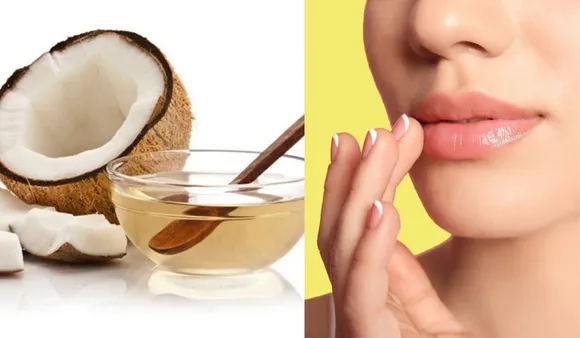 Applying coconut oil on lips