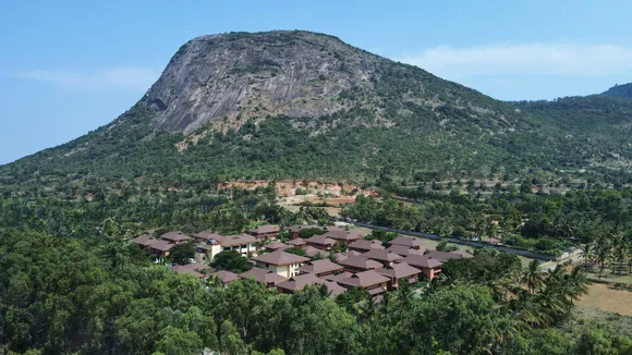Drone overview of Mulberry Shades Bengaluru at the foothills of Nandi