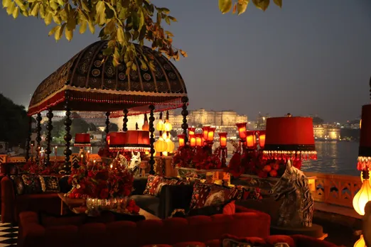 The Leela Palace Udaipur's lakeside Outer Courtyard, against Lake Pichola
