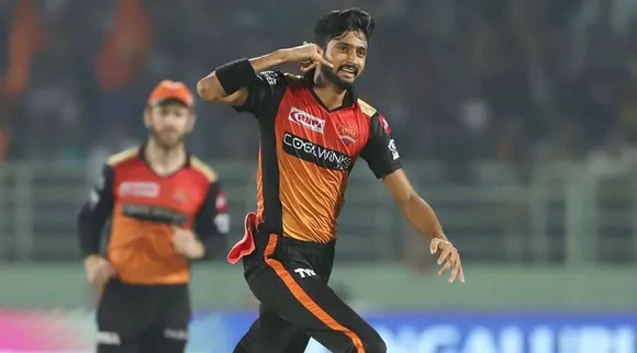Syed Khaleel Ahmed of Sunrisers Hyderabad celebrates the wicket of Shreyas Iyer