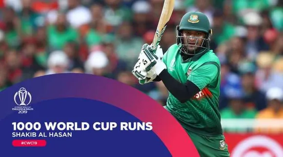 Shakib Al Hasan becomes the first Banglaldeshi batsman to pass 1,000 career World Cup runs