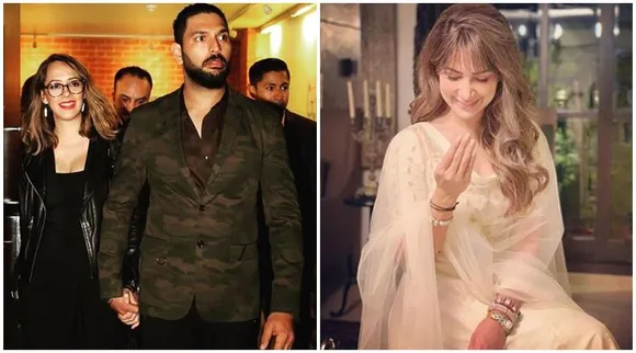 yuvraj singh with wife and kim sharma_