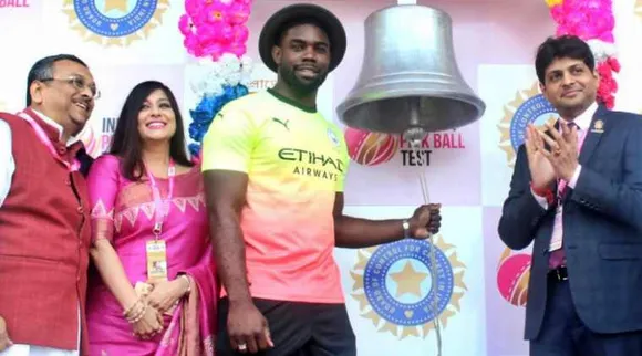 Manchester City's Micha Richards rings bell at Eden Gardens