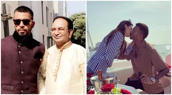 Hardik Pandya with his father and girlfriend