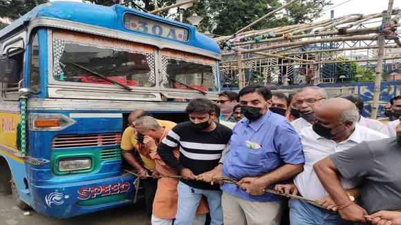 West Bengal bus owners and Tmc supporters protest against price hike of petrol, diesel at kolkata