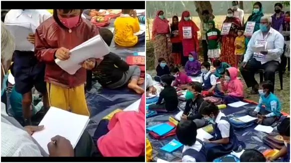 due to corona schools remain shut off teachers takes classes in a field at tamluk