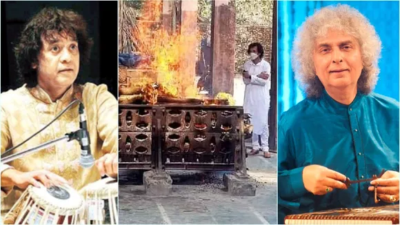 Zakir Hussain, Pandit Shivkumar Sharma's last rites, Pandit Shivkumar Sharma, জাকির হুসেন, শিবকুমার শর্মা, শিবকুমার শর্মার অন্তিমযাত্রায় জাকির হুসেন, সন্তুর সম্রাট শিবকুমার, তবলা সম্রাট জাকির হুসেন, bengali news today