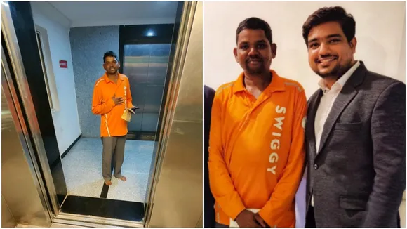 Swiggy delivery guy. delivery guy works barefoot,