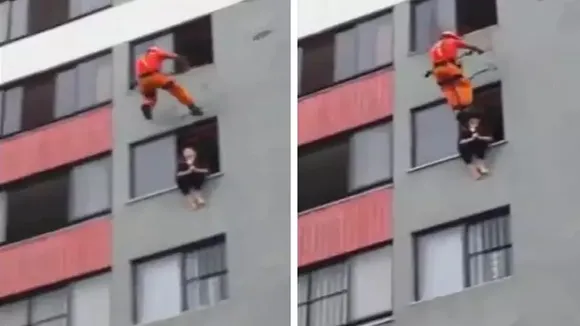 viral video, woman committing suicide, woman saved by firefighter, woman saved in china by being kicked, firefighter saves woman by kicking, indian express, indian express news