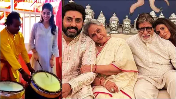 Navya Naveli Nanda, Amitabh Bachchan, Tapa Tini song, Belashuru, Shweta Bachchan, Abhishek bachchan, Durga Puja 2022, নভ্যা নভেলি নন্দা, অমিতাভ বচ্চন, অভিষেক বচ্চন, শ্বেতা বচ্চন, টাপা টিনি, বেলাশুরু, মুম্বইয়ের দুর্গাপুজো ২০২২, বচ্চন পরিবার, Indian Express Entertainment News