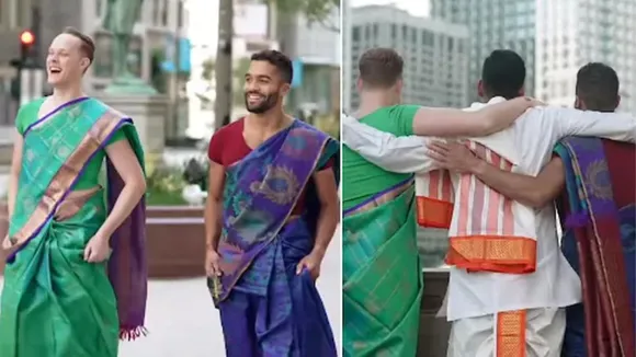 trending Video, viral video, Wedding Video, man wearing sari video, groom friends wearing sari video, Indian wedding, American friends wear sari, Chicago viral video, videshi mehman sadi me, shocking video, groom friends in sari video, surprise video