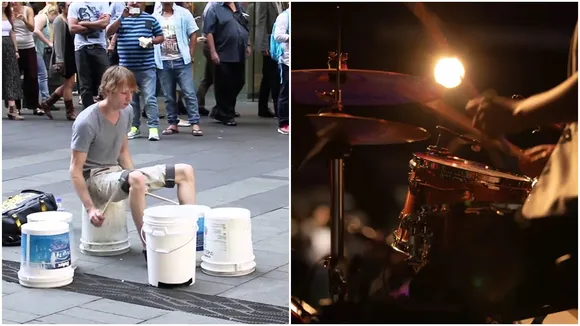 trending Video, viral video, Jugad video, drum set from trashy buckets, drummer video, street performer video, trending musician video, viral musician video, viral talent video, Drummer turns trashy bucket into drum set