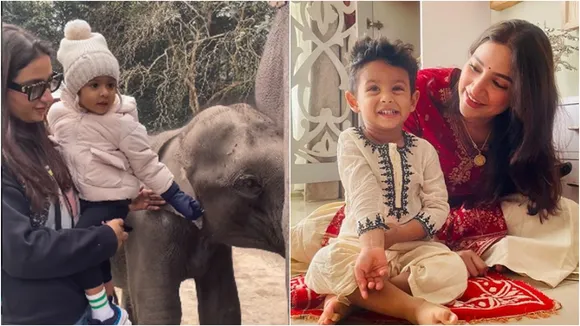 shubhasree Ganguly teaches son yuvan how to be with animal