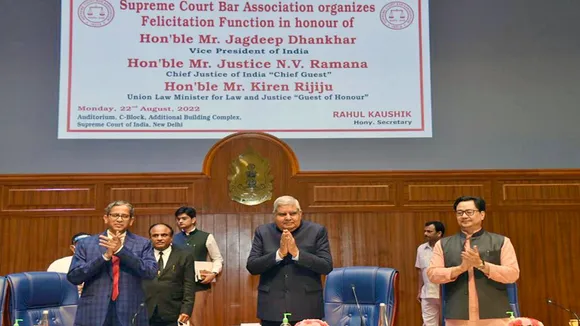Vice President Jagdeep Dhankhar during a felicitation ceremony organised in his honour by the Supreme Court Bar Association