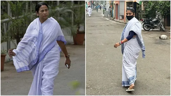sayani ghosh dressed like mamata banerjee , সায়নী যেন ঠিক 'দিদি', অনুপ্রেরণায় নীল-সাদা শাড়ি, পায়ে হাওয়াই চটি!