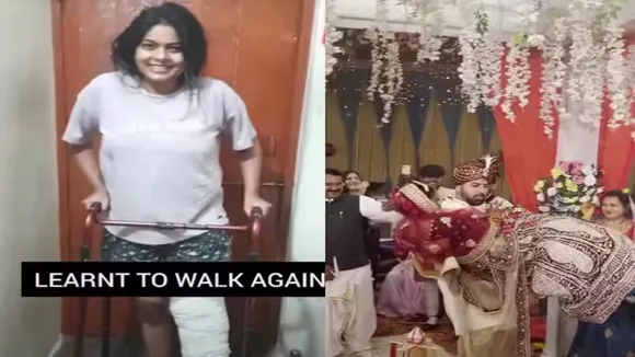 bride leg broken, groom carries bride in his lap, wedding video, bride's accident, Indian wedding video, made for each other, husband wife video, viral wedding, trending wedding, bride accident video