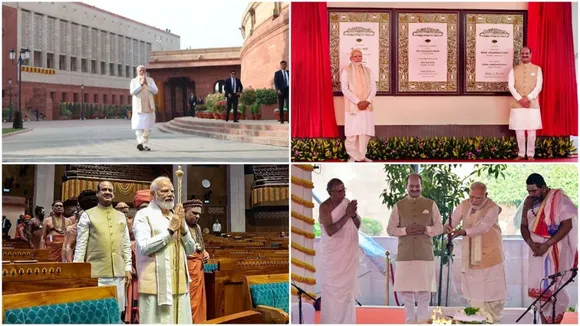 parliament inauguration, new parliament inauguration, parliament inauguration ceremony, parliament inauguration live, narendra modi, sengol, sengol parliament, lok sabha, rajya sabha, new parliament photos, new parliament videos