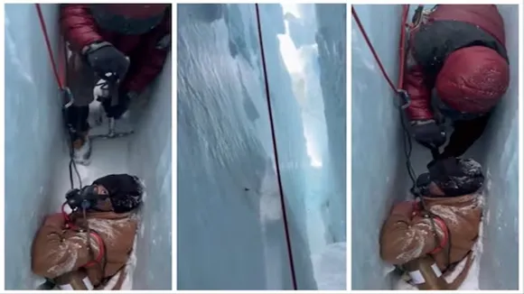 Sherpa, deep crevasse, Mount Everest summit, narrow crevasse, video, Viral Video, man fell in ditch, man fallen in ditch, Man rescued, sherpa, Mt Everest, Rescue Video, viral, adorable video, dangerous video