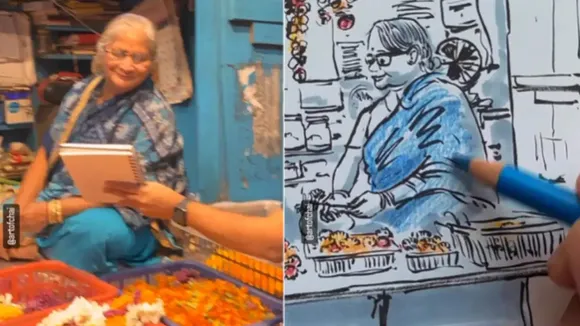 sketch of elderly woman selling flowers, elderly woman selling flowers, Pune , elderly woman, Artist, Pune Artist, incredible sketch, sketch, Viral news, trending news