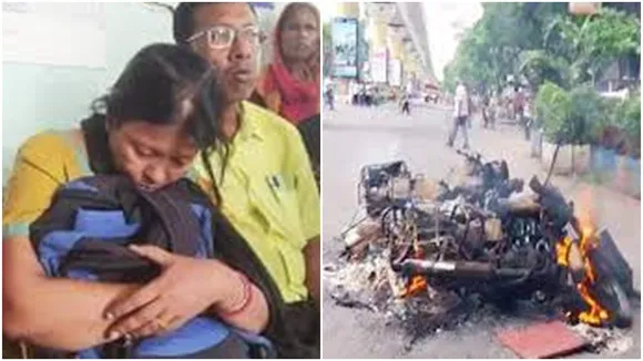 mother is crying with school bag of child who died in behala accident