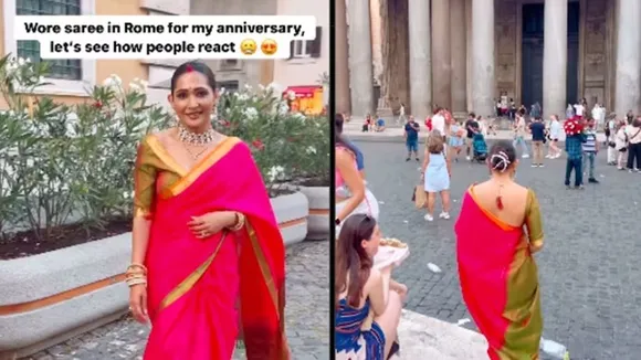 woman in saree, woman wears saree in rome, viral video