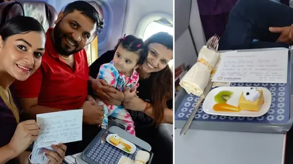 Vistara, flight crew, surprise, family, birthday celebration, Maldives, toddler, Aarohi, cake, fruits, handwritten note, heartwarming gesture, Twitter, pictures, gratitude, love and appreciation, first birthday, 35,000ft, significance, #VistaraLove, positive interactions, viral video, heated fight, shouting, yelling, passenger, daughter, touched, woman screaming, crew members, restore order, difficult to control, error-free, consistent, easy to read, no opinions.