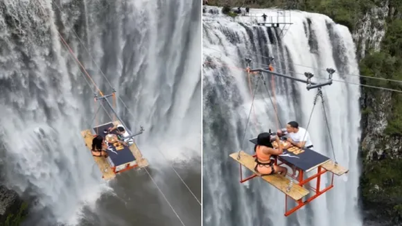 Hanging table, waterfall, Dangerous place, shocking video, viral videos, trending videos, trending news, Bizarre news, Strange news, Weird news, ajab gaja