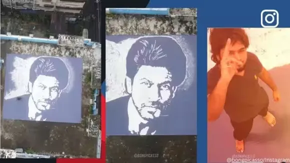 An artist from Kolkata has created a 30-feet portrait of Shah Rukh Khan using white marble stone chips.