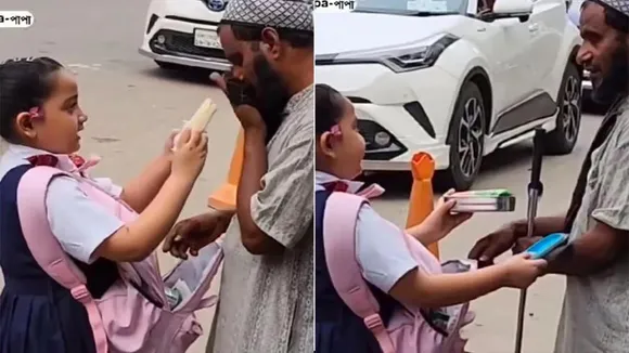 Bachhi Ne Bhikhari Ko Diya Tiffin,Beggar Aur Bachhi,Bhikhari Ko Bachhi Ne Diya Khana,Google Trends,School Girl Gave Tiffin To Beggar,Schooli Bachhi Ki Dayaluta,viral pics
