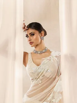 Mouni Roy White Chiffon Saree