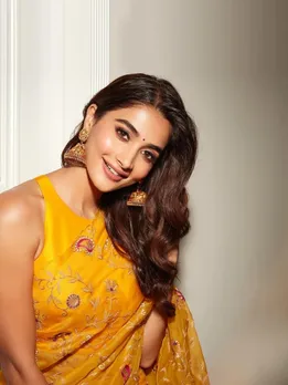 Pooja Hegde Yellow Organza Saree