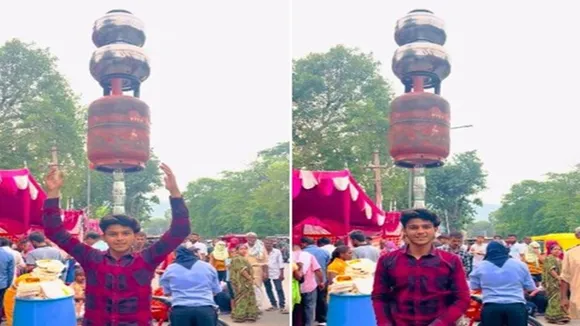man balance cylinder on head, cylinder balancing on head, man put cylinder on glass on head, sar par cylinder, sir par cylinder viral video, praveen prajapat, indias got talent, cylinder balancing on head video, weird news, latest news