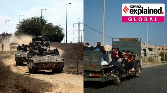 On left, Israeli military vehicles drive near the border with the Gaza Strip, in southern Israel, on October 15, 2023. On right, Palestinians flee their houses amid Israeli strikes after Israel's call for more than 1 million civilians in northern Gaza to move south, in Khan Younis in the southern Gaza Strip, October 14, 2023.