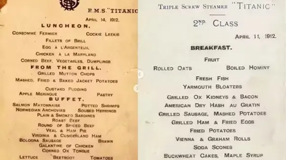 Titanic, first-class dinner menu, auction, England, 83,000 pounds, 84.5 lakh, Guardian, Henry Aldridge & Son, Wiltshire, artefacts, tartan deck blanket, Len Stephenson, Dominion, Nova Scotia",