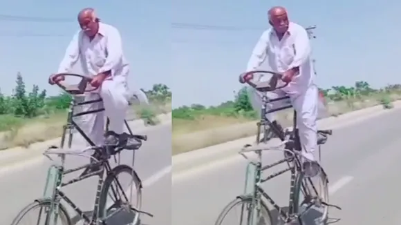 VIral Video, Funny Video, trending Video, funny viral video, bycycle video, funny bycycle video, latest trending video, elderly man is seen riding a bicycle on the road,