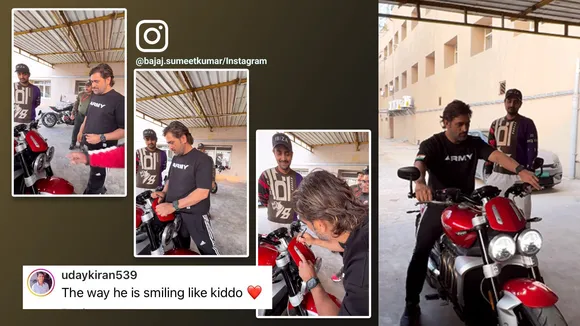 M S Dhoni signs on a fan's superbike after cleaning it with his T-shirt