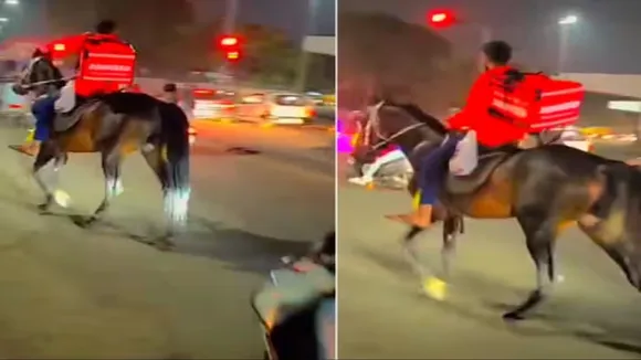 Zomato delivery Boy,Zomato delivery Boy delivers orders on horse,Zomato,delivery Boy,Zomato news,delivery Boy news,Hyderabad,fuel shortage and strike,viral video,delivery Boy delivers orders on horse,trending news,trending video,Zomato delivery agent"