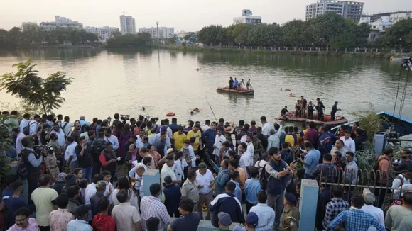 rescue operation currently underway at Harni lake in Vadodara where a boat carrying school children, who were on a picnic, overturned on Thursday evening