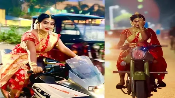 Kajal Dutta, Bengali bride, Bride drive KTM, girl top to bottom, Pre Wedding Photoshoot, Indian wedding, wedding procession, bride house, Girls stay at home, strange way, woman doing gym before marriage, video shared on Instagram, bride is riding a bike, Bride riding bike in saree, bride in gold jewellery, riding KTM bike, Rider Girl Kajal, bridal style, viral video, bride viral video, honeymoon video, suhagraat ka video, dulhan ka video, shadi ka video, funny video"