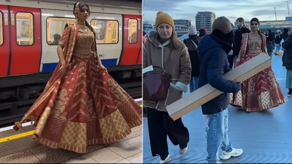 Woman Strolls On Streets Of London Wearing A Lehenga, Viral Video, Girl dressed as a bride traveling in London metro, London metro, London news, London , trending video, Lehenga, instagram reels, instagram video, trending reels, viral reels"