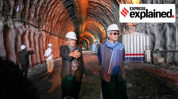 Union Minister for Road Transport & Highways Nitin Gadkari with J&K Lt. Governor Manoj Sinha inspects the construction work of Zojila Tunnel in the Baltal area on April 10. (PTI Photo)