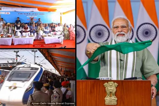 Prime Minister Narendra Modi virtually flags off the Vande Bharat Express train connecting Ajmer and Delhi Cantt. at Jaipur Junction railway station, from New Delhi, Wednesday, April 12, 2023. (PTI Photo)