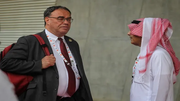 Bank of England Governor Andrew Bailey after G20 meetings on Monday at Mahatma Mandir. Express photo by Nirmal Harindran, 17-07-2023, Gandhinagar, Gujarat